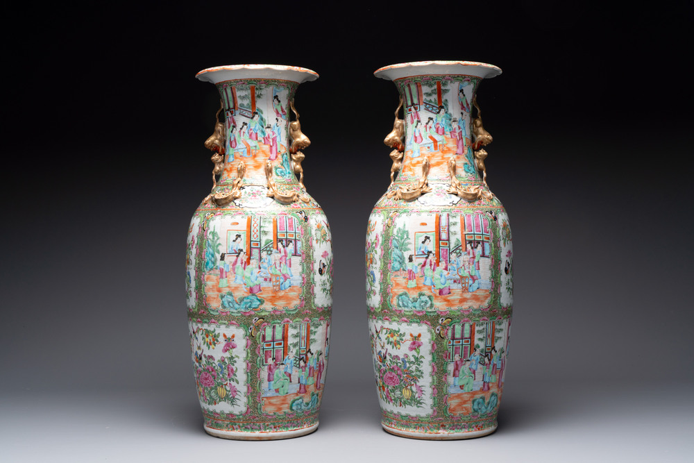 A pair of Chinese Canton famille rose vases with narrative design, 19th C.