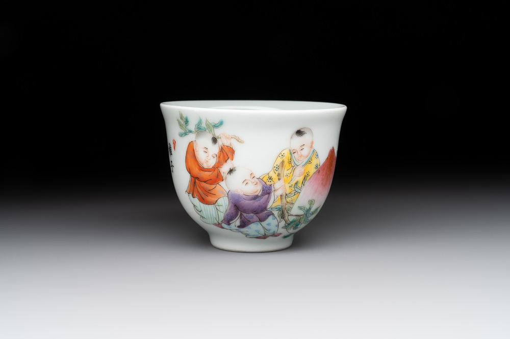 A Chinese famille rose 'boys and peaches' cup, Qianlong mark, Republic