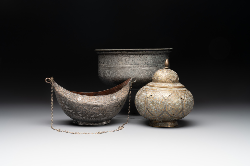 A tinned copper 'kashkul' or begging bowl, a calligraphic bowl and a brass covered jar, Iran, 18/19th C.