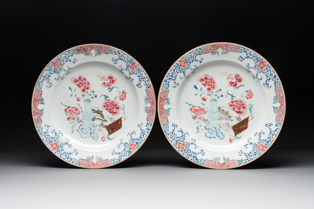 A pair of Chinese famille rose 'antiquities' dishes, Yongzheng