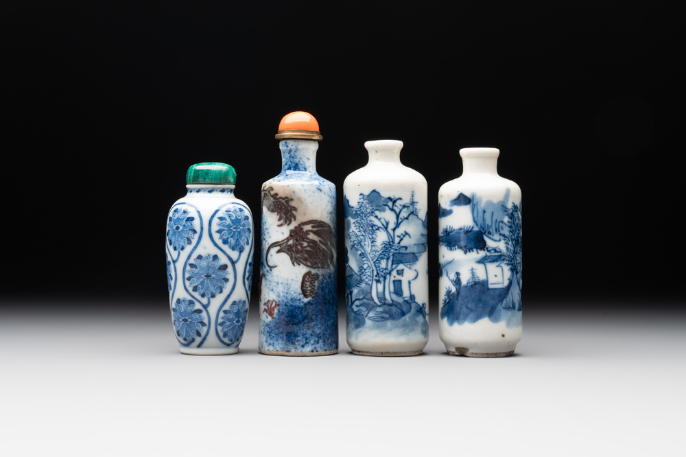Four Chinese blue, white and copper-red snuff bottles, Yongzheng mark, 19th C.