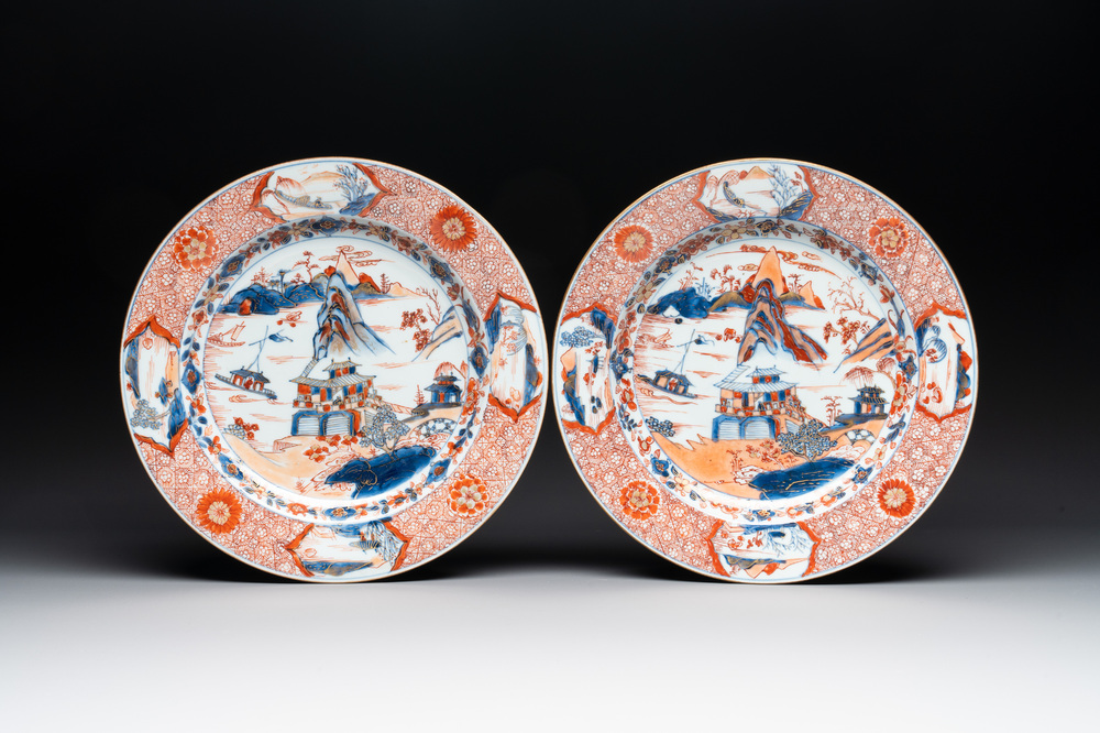 A pair of Chinese Imari-style 'landscape' dishes, Kangxi