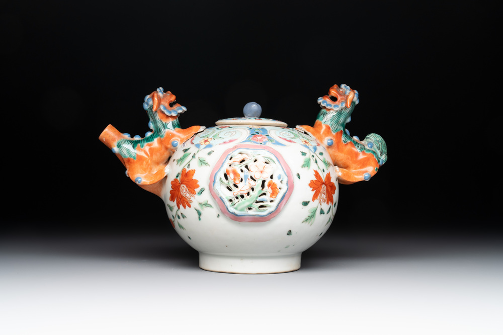 A rare Chinese famille rose double-walled 'Buddhist lions' teapot and cover, Qianlong