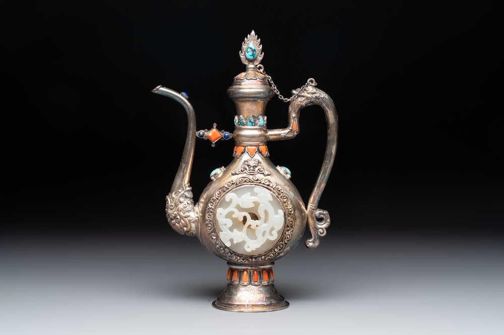 A Chinese jade-inset and hardstone-inlaid silver ewer and cover in Mongolian style, 19th C.