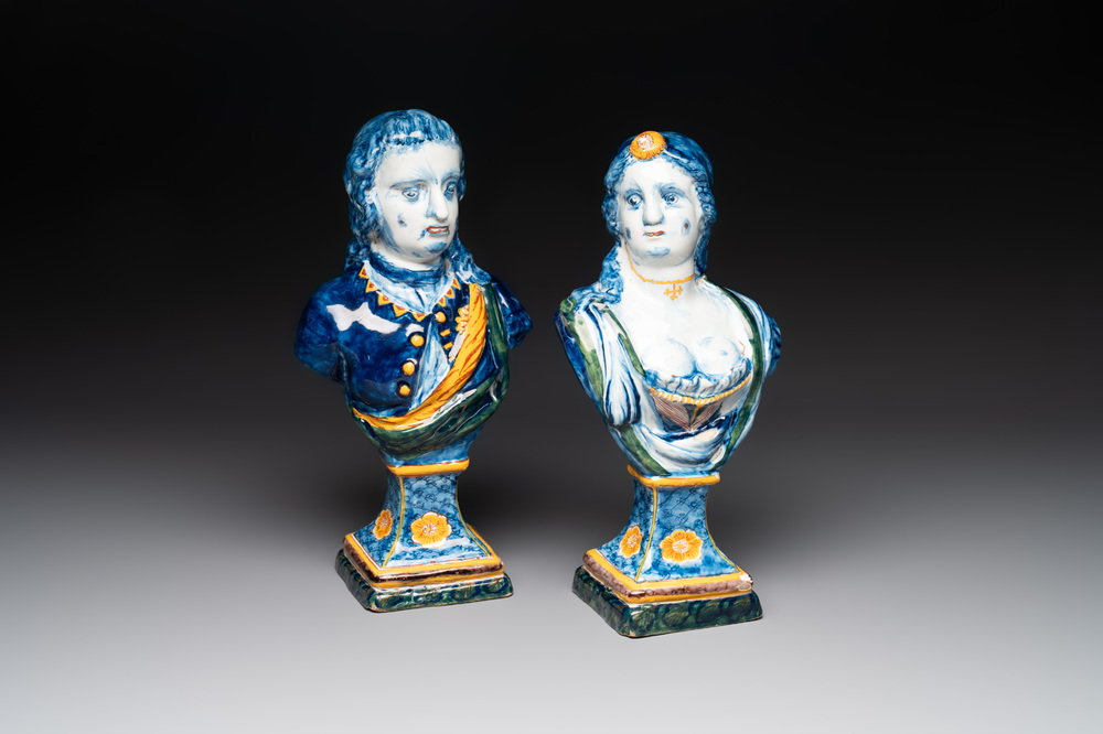 A pair of large polychrome Dutch Delft busts of Stadtholder William V and Wilhelmina, 3rd quarter 18th C.