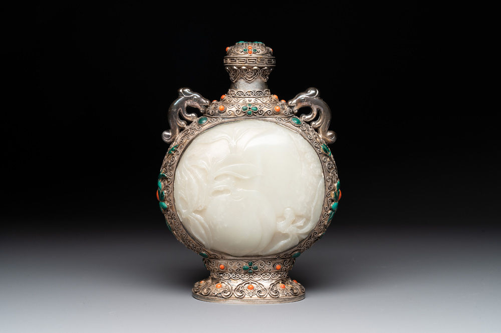 A Chinese jade-inset and hardstone-inlaid silver moonflask and cover in Mongolian style, 19th C.