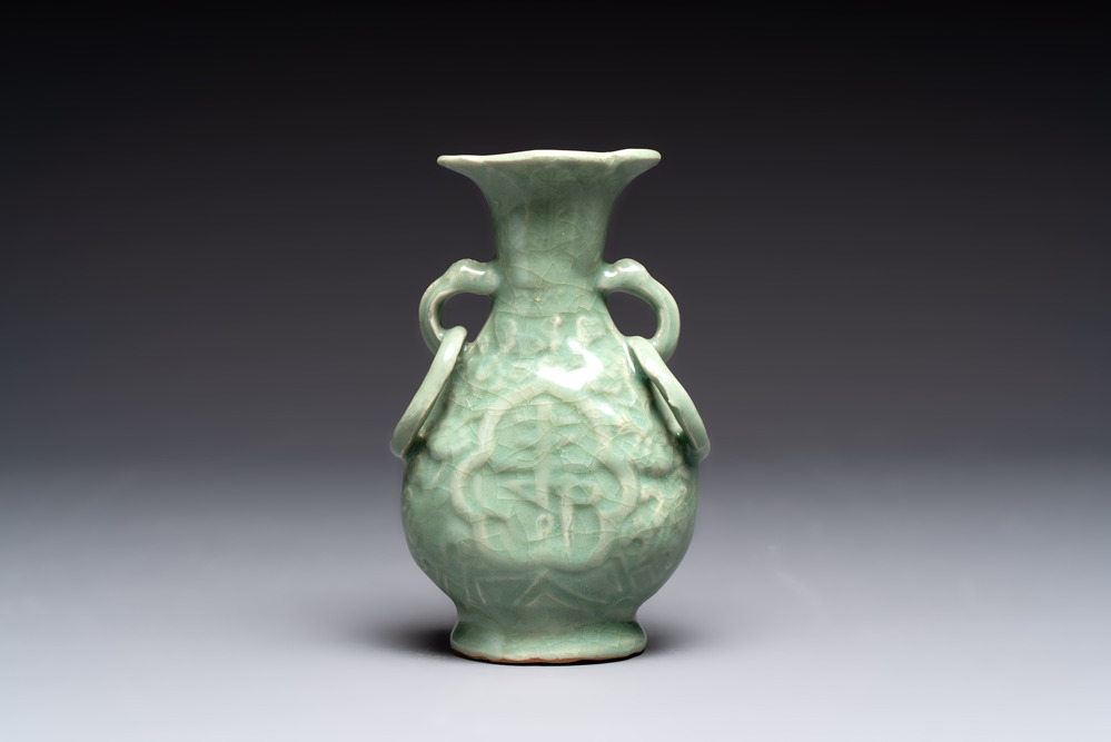 A Chinese Longquan celadon 'shou' vase with handles, Ming
