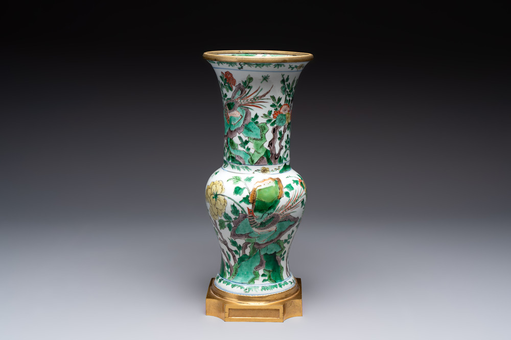 A Chinese famille verte gilt-bronze-mounted 'yenyen' vase with pheasants among flowering branches, Kangxi