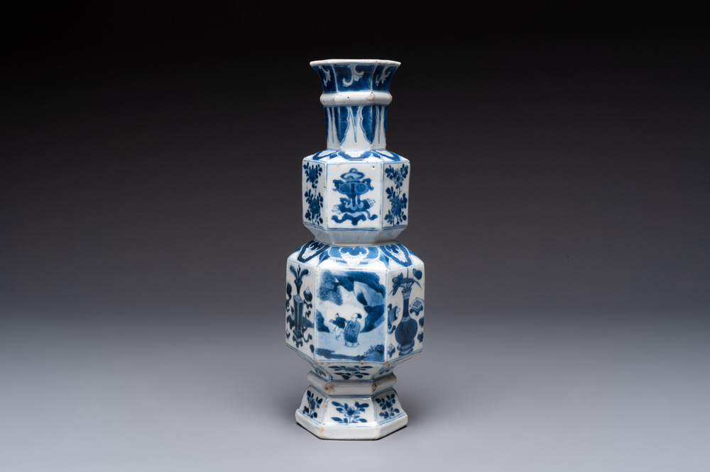 A Chinese blue and white hexagonal vase with figures and antiquities, Kangxi