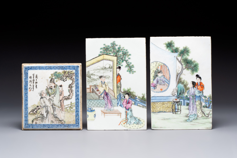 A pair of Chinese rectangular famille rose plaques with figural design and a rectangular qianjiang cai plaque, signed Ziqinshi 梓卿氏, 20th C.