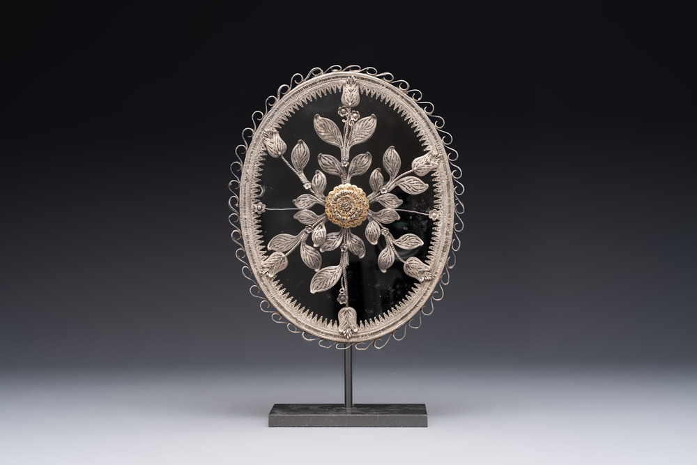 An Ottoman partly-gilt filigree silver mirror with floral design, Istanbul, Turkey, 18/19th C.