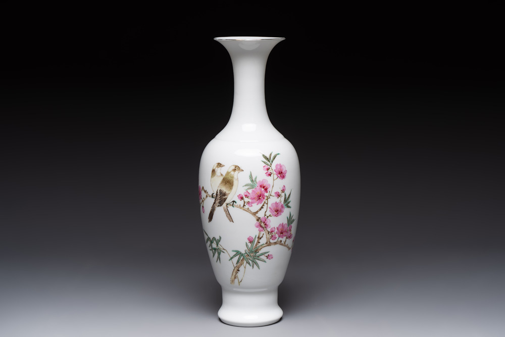 A Chinese famille rose eggshell 'birds among flowering branches' vase, Jingdezhen seal mark, 20th C.