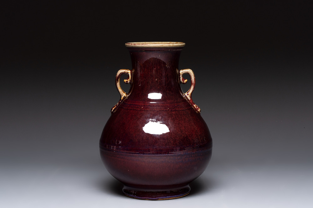 A Chinese flamb&eacute;-glazed 'hu' vase, Qianlong mark, 20th C.