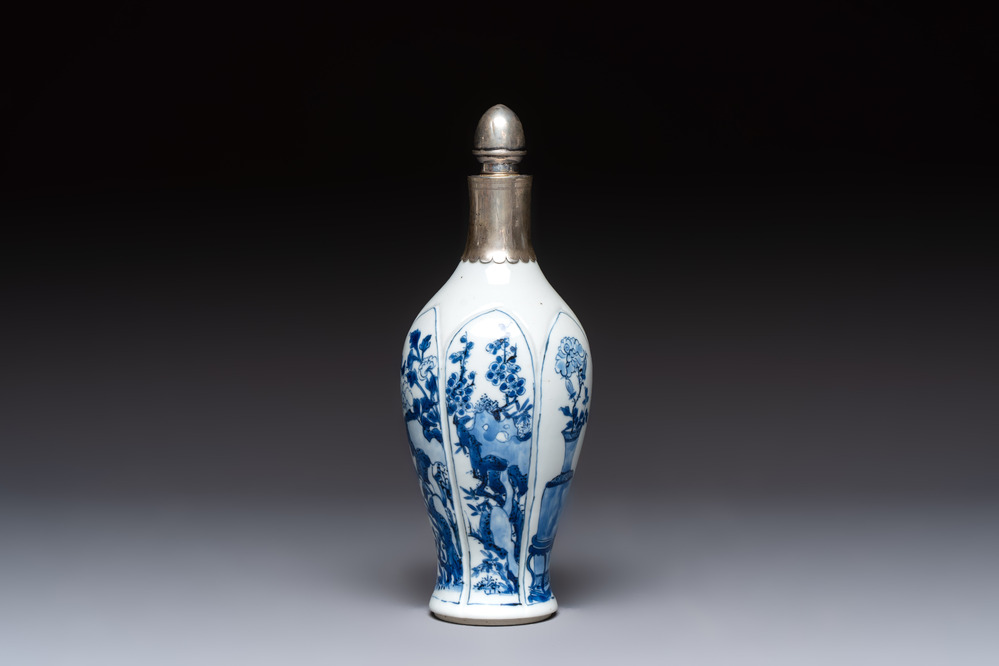 A Chinese blue and white silver-mounted bottle vase, Chenghua mark, Kangxi