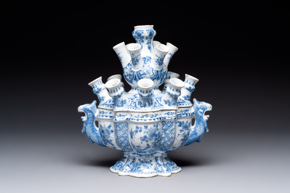 A rare and important blue and white Dutch Delft two-part tulip vase, late 17th C.