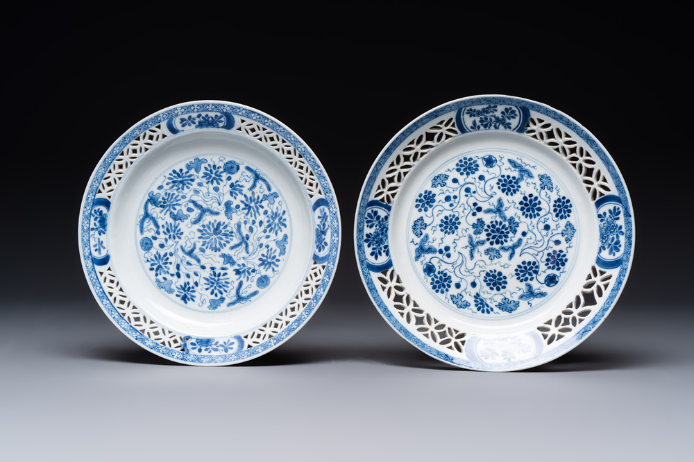 Two Chinese blue and white 'reticulated border' plates, Kangxi