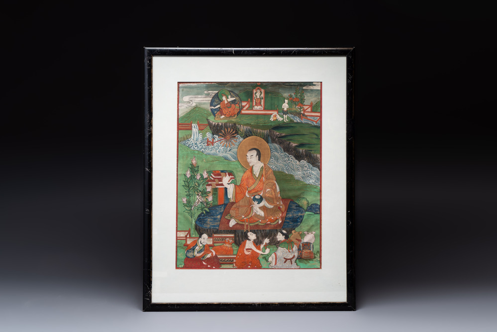 A Tibetan thangka with a seated Luohan, 18/19th C.