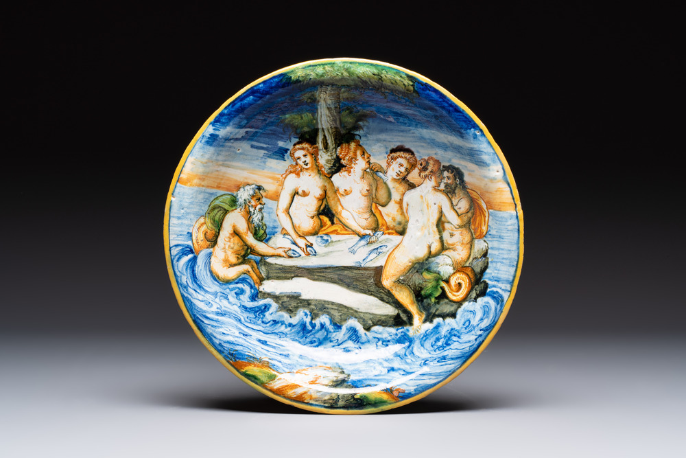 A fine Italian maiolica 'Banquet of Maritime Gods' dish, workshop of Domenico da Venezia, 3rd quarter 16th C.