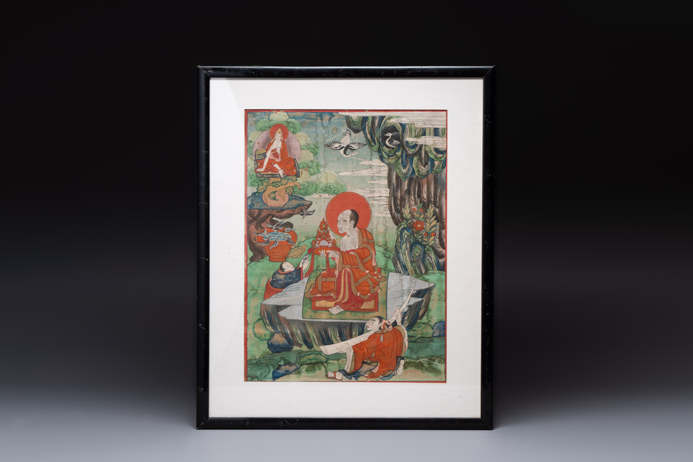 A Tibetan thangka with a seated Luohan, 18/19th C.