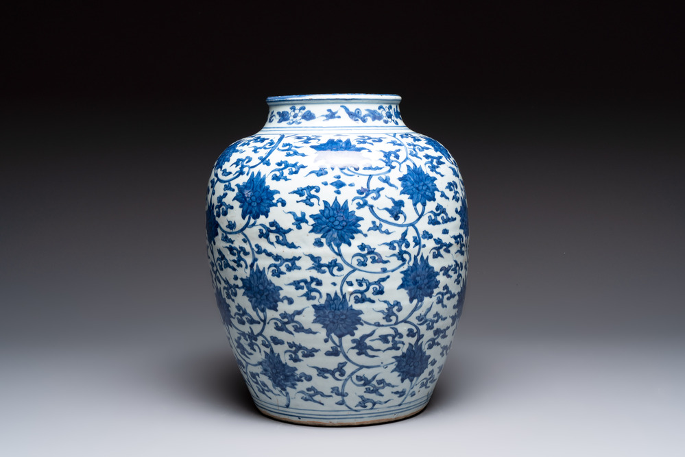 A Chinese blue and white 'lotus scroll' vase, Jiajing/Wanli