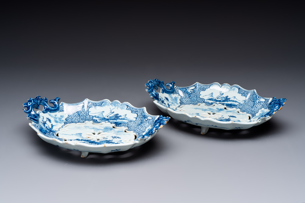 A pair of blue and white Dutch Delft strainers, 18th C.