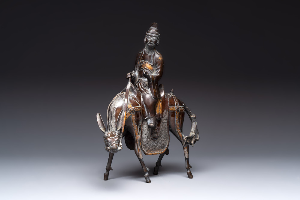 A large Chinese partly gilt bronze censer and cover in the form of Du Fu, 18th C.