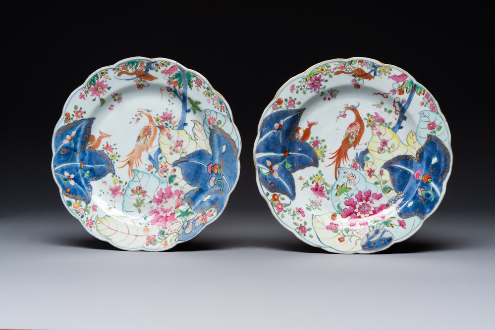 Two Chinese famille rose 'tobacco leaf' plates, Qianlong