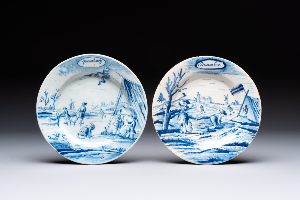 Two blue and white Dutch Delft 'month' plates, 18th C.