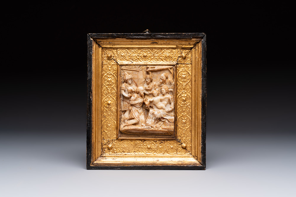 A fine gilt-heightened alabaster 'Adoration of the Magi' carving with original frame, Mechelen, 16/17th C.