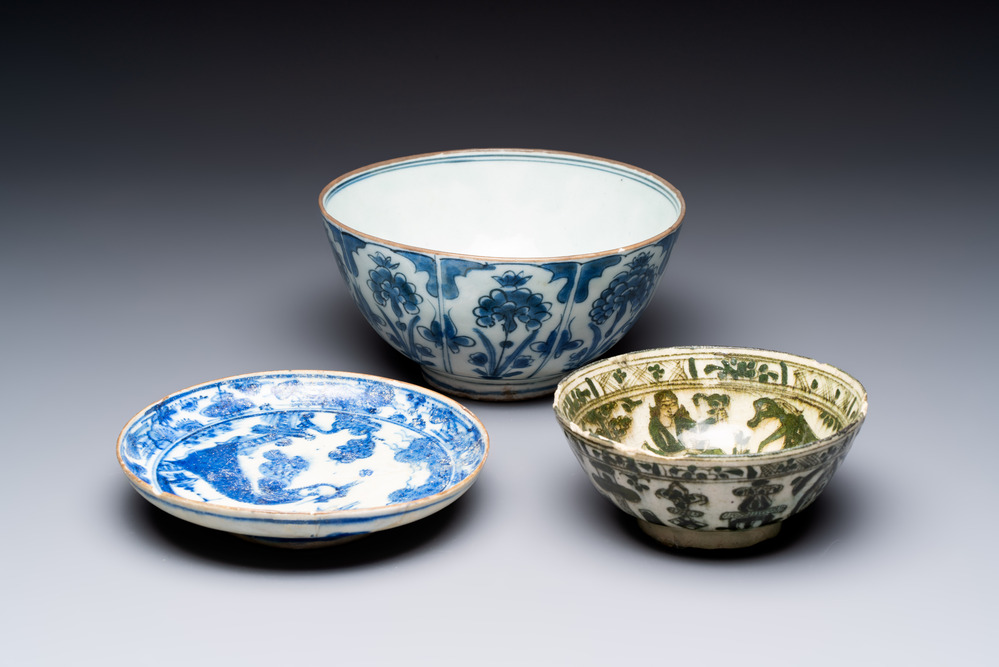 A blue and white Safavid chinoiserie bowl, a plate, and a Qajar bowl, 17/19th C.