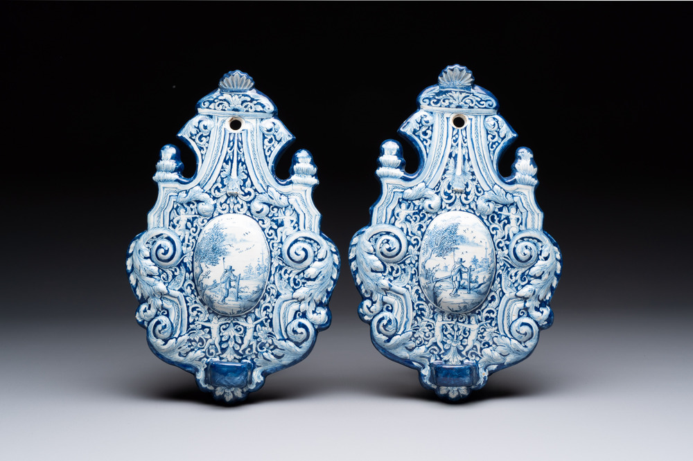 A pair of blue and white Dutch Delft wall sconces, 18th C.
