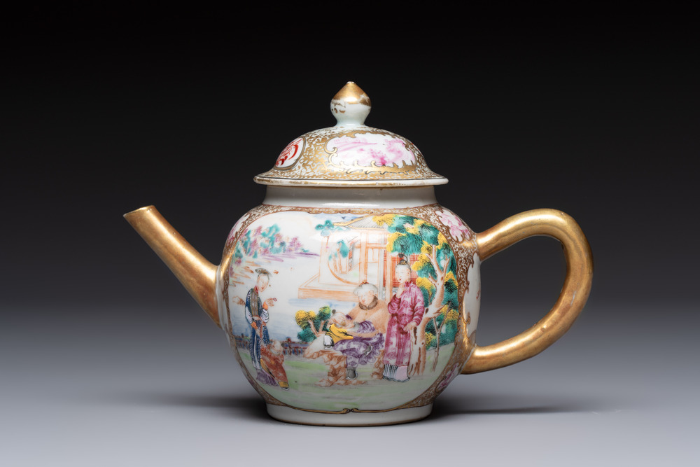 A Chinese Canton famille rose 'mandarin subject' teapot, Qianlong