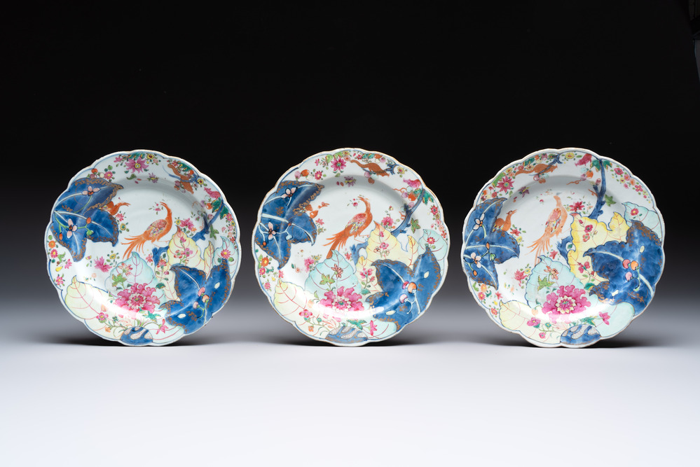 Three Chinese famille rose 'tobacco leaf' plates, Qianlong