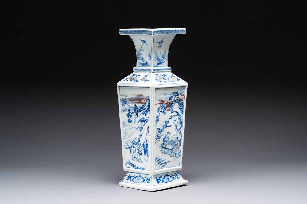 A Chinese blue, white and copper-red square-sectioned vase with figural design, Kangxi