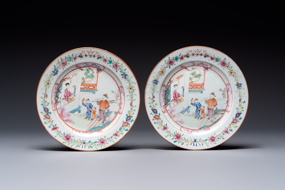 A pair of Chinese famille rose 'mandarin subject' plates, Qianlong