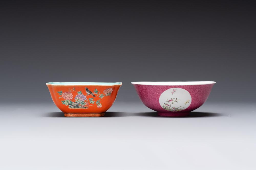 A Chinese coral-red-ground famille rose square bowl and a sgraffito-ruby-ground bowl, Qianlong and Tongzhi mark, 19/20th C.