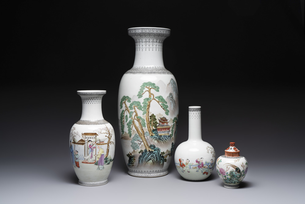 Four Chinese famille rose vases, Qianlong mark, 20th C.