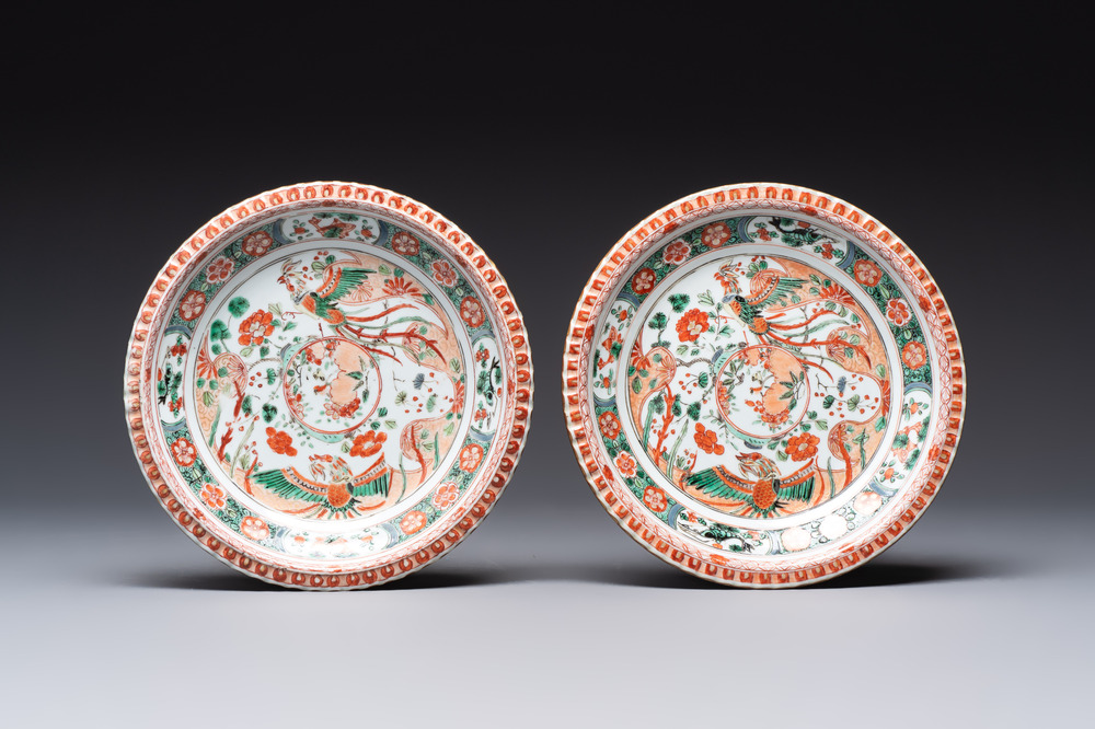 A pair of Chinese famille verte 'phoenixes' plates, Kangxi