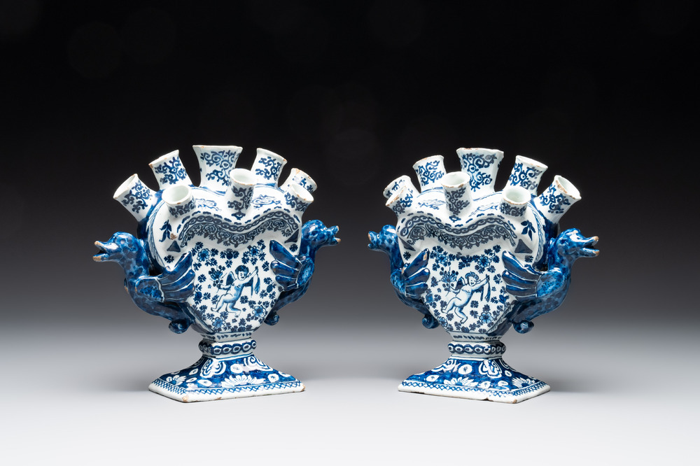 A pair of blue and white Dutch Delft heart-shaped tulip vases, early 18th C.