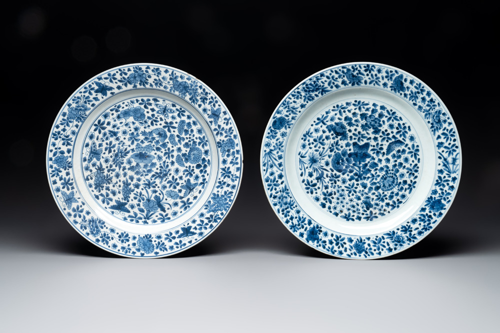 A pair of Chinese blue and white 'floral' dishes, Chenghua mark, Kangxi