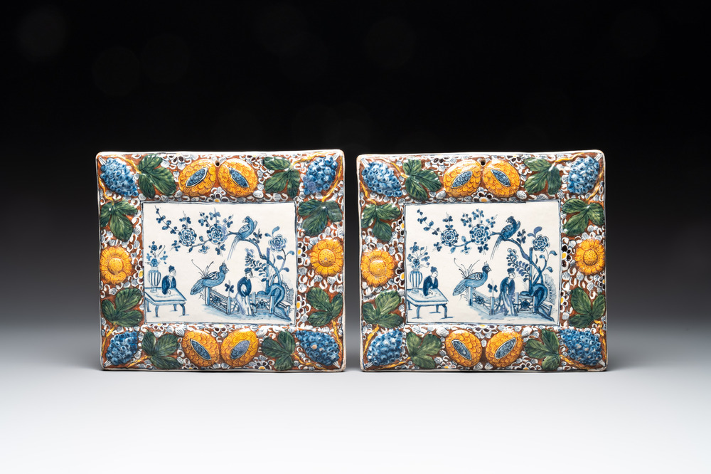 A pair of rectangular Dutch Delft 'mixed technique' plaques, 1st quarter 18th C.
