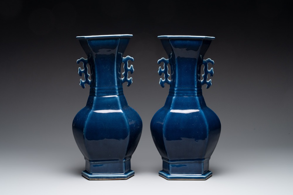 A pair of Chinese blue-glazed vases with handles, Qianlong