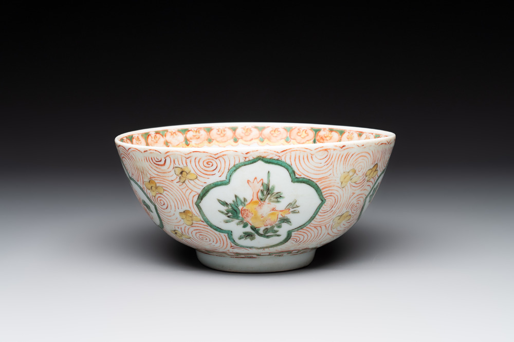 A Chinese wucai 'pomegranate, peony and rabbit' bowl, Transitional period