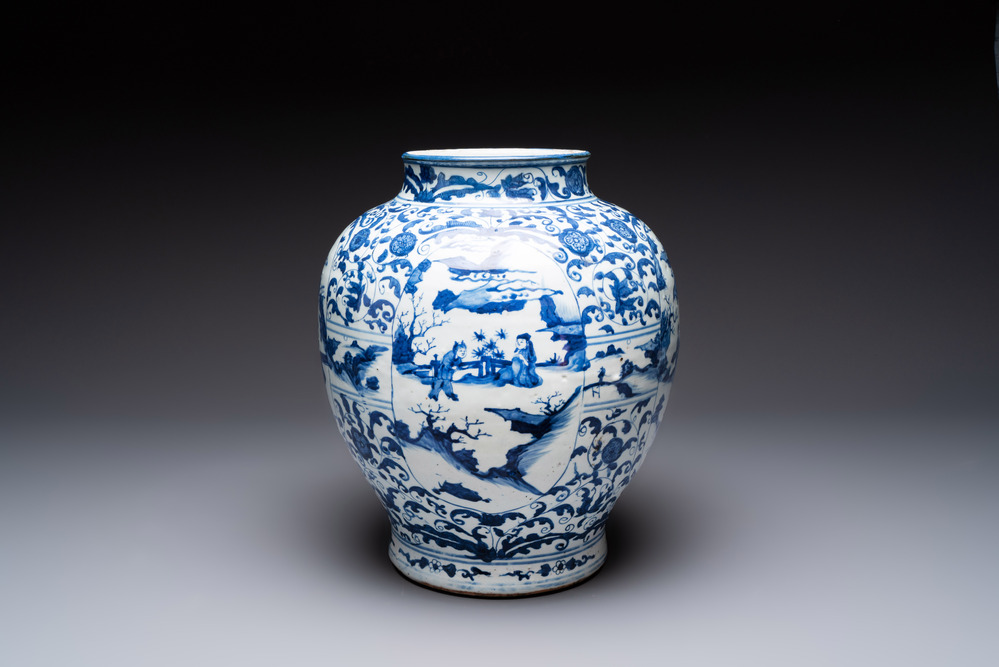 A large Chinese blue and white baluster vase with figures and landscapes, Transitional period