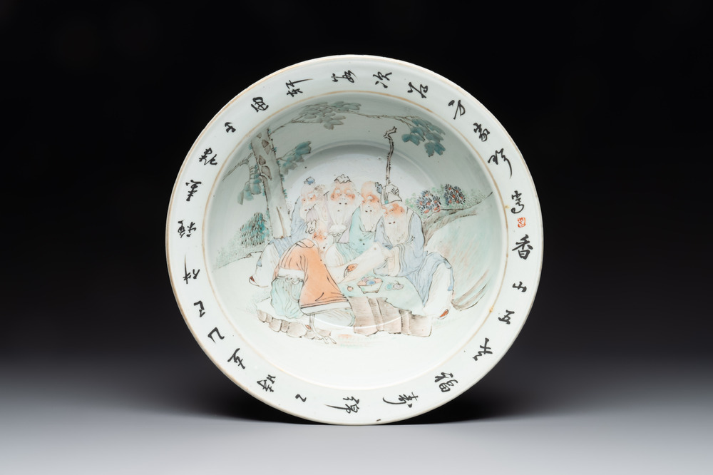 A Chinese qianjiang cai 'Taoist' basin, signed Fang Jiazhen 方家珍, dated 1905