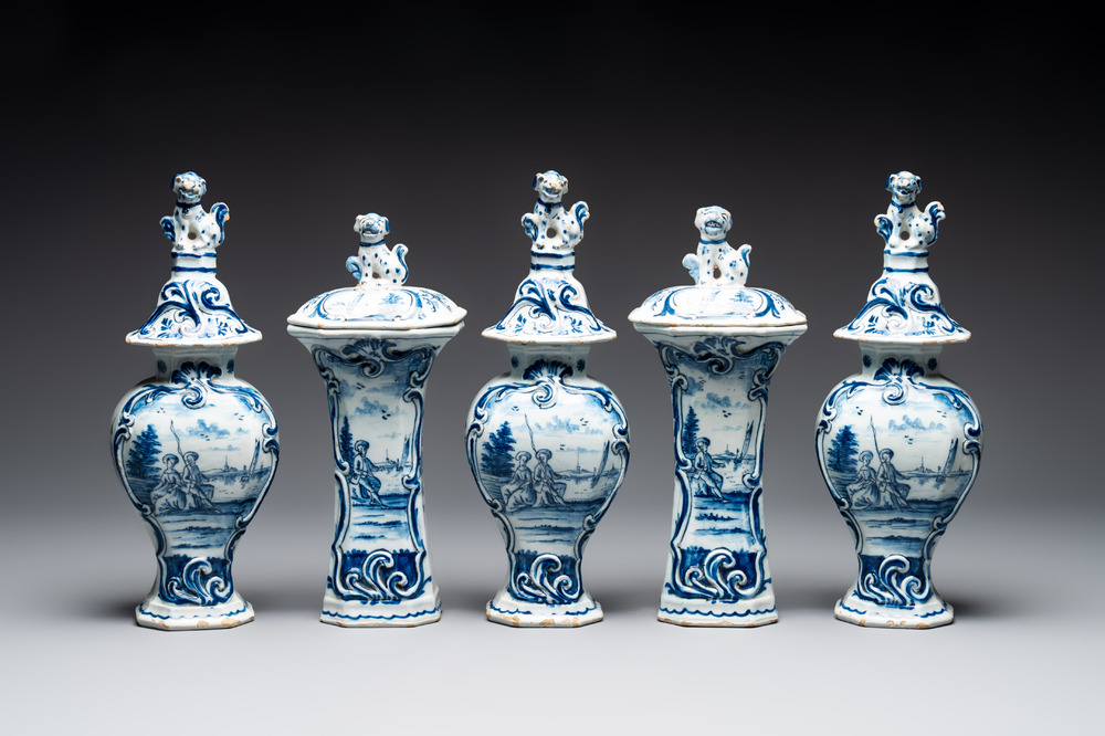 A blue and white Dutch Delft garniture of five vases and covers, 2nd half 18th C.