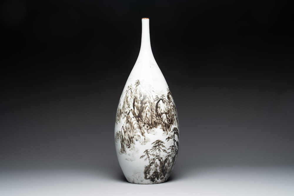 A large Chinese grisaille 'mountainous landscape' vase, signed Fu Yaosheng 傅尧笙, dated 1993