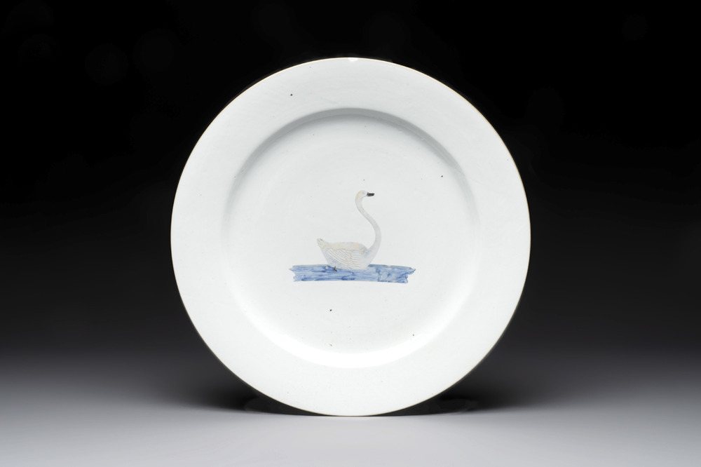 A rare Chinese export blue-and-white-enamelled 'swan' dish, Qianlong