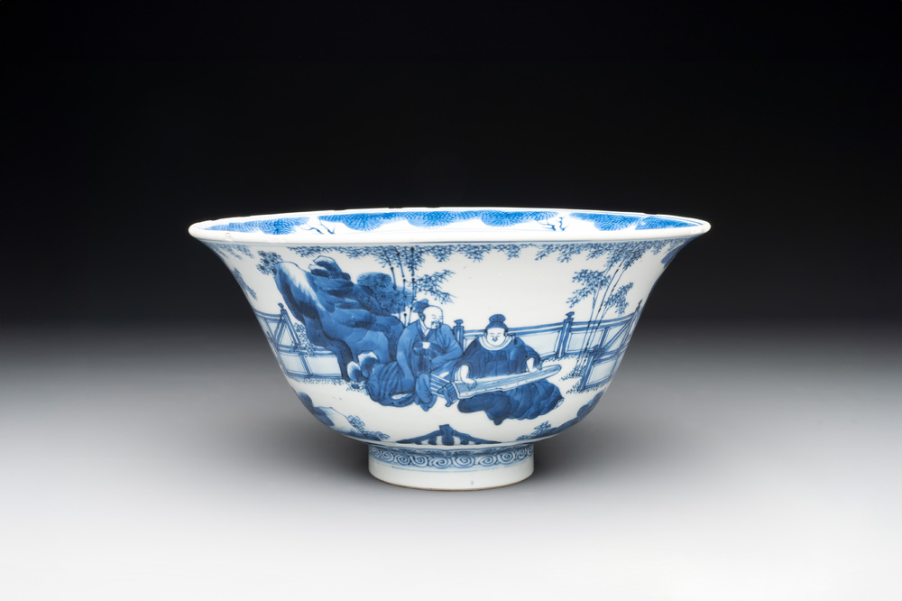 A large Chinese blue and white 'Zhu Lin Qi Xian 竹林七賢' bowl, Kangxi
