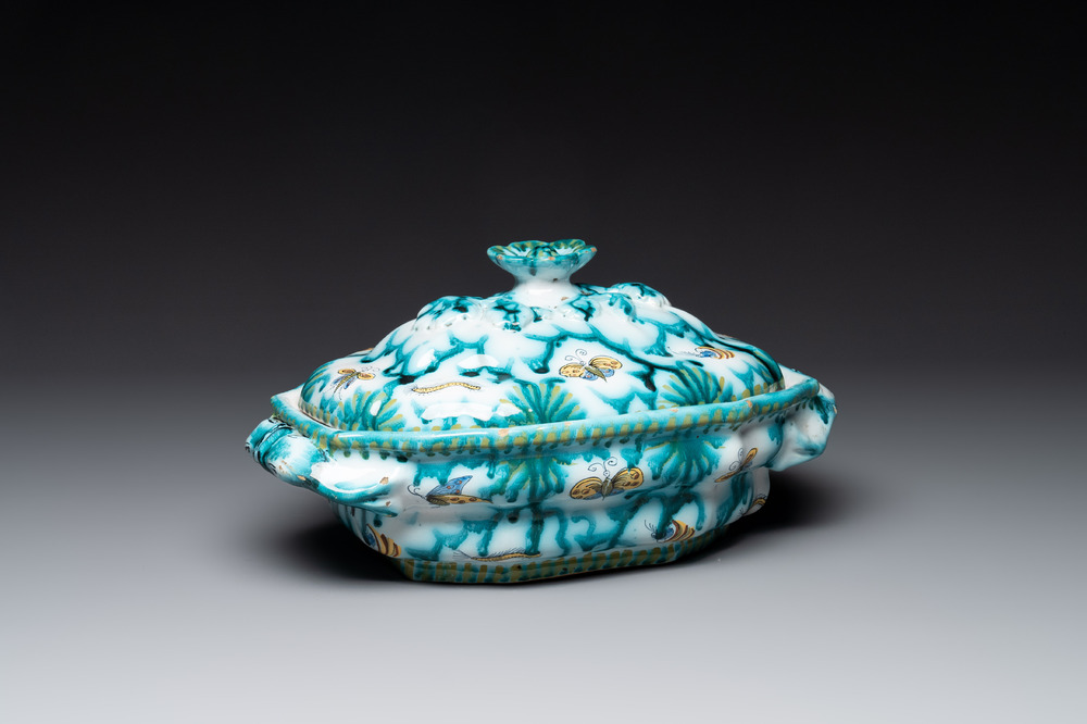 A Brussels faience tureen and cover with butterflies and caterpillars, 18th C.